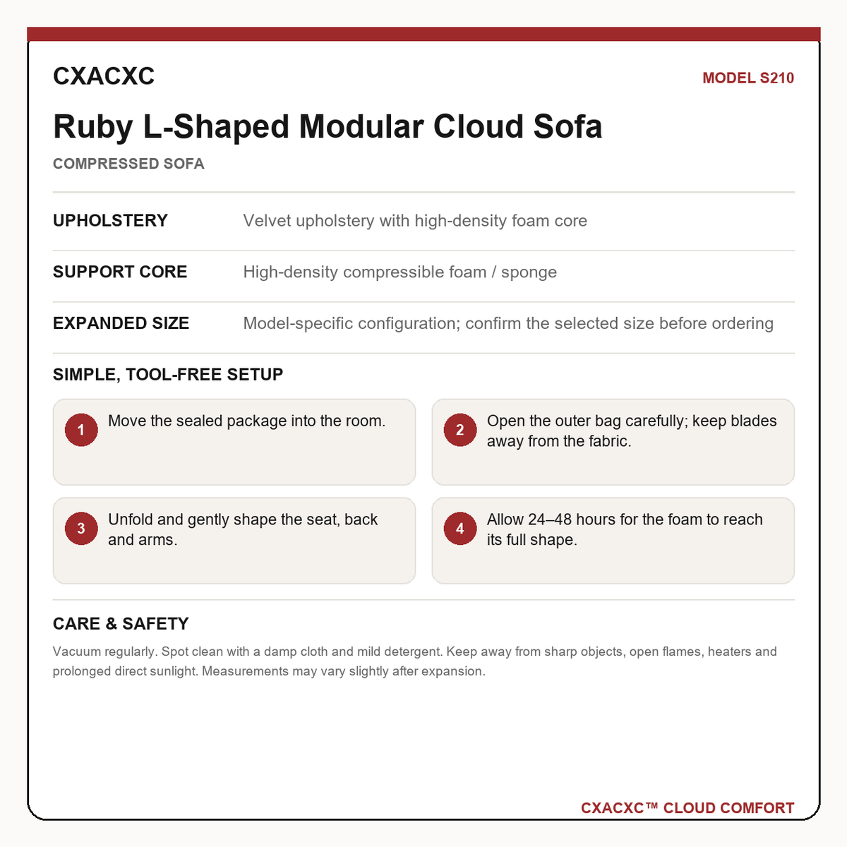 CXACXC S210 materials dimensions setup and care guide