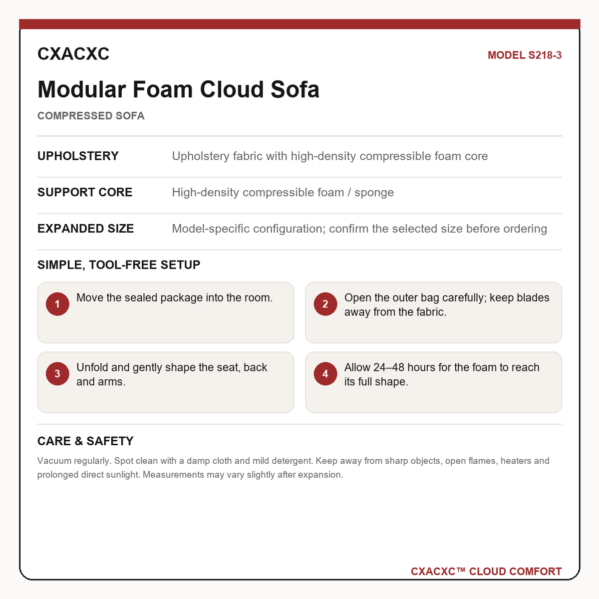 CXACXC S218-3 materials dimensions setup and care guide