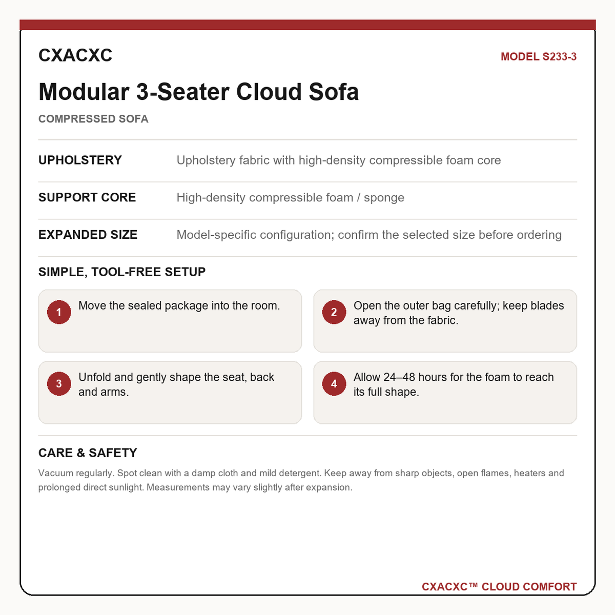 CXACXC S233-3 materials dimensions setup and care guide