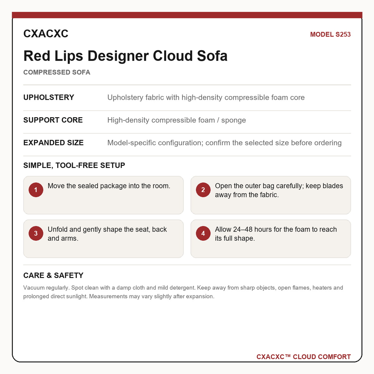 CXACXC S253 materials dimensions setup and care guide
