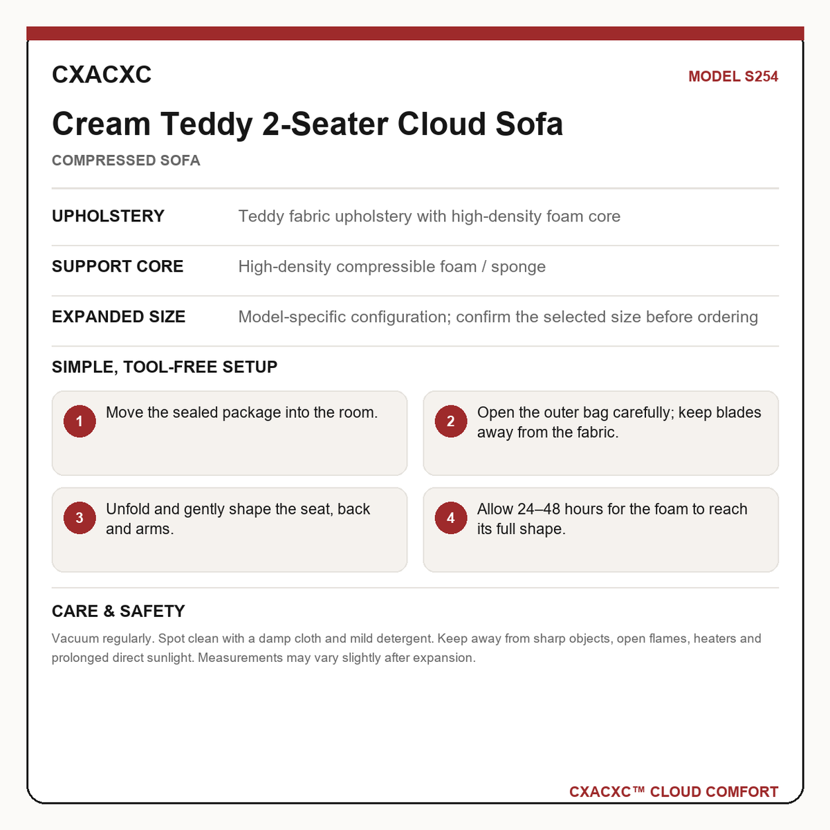 CXACXC S254 materials dimensions setup and care guide