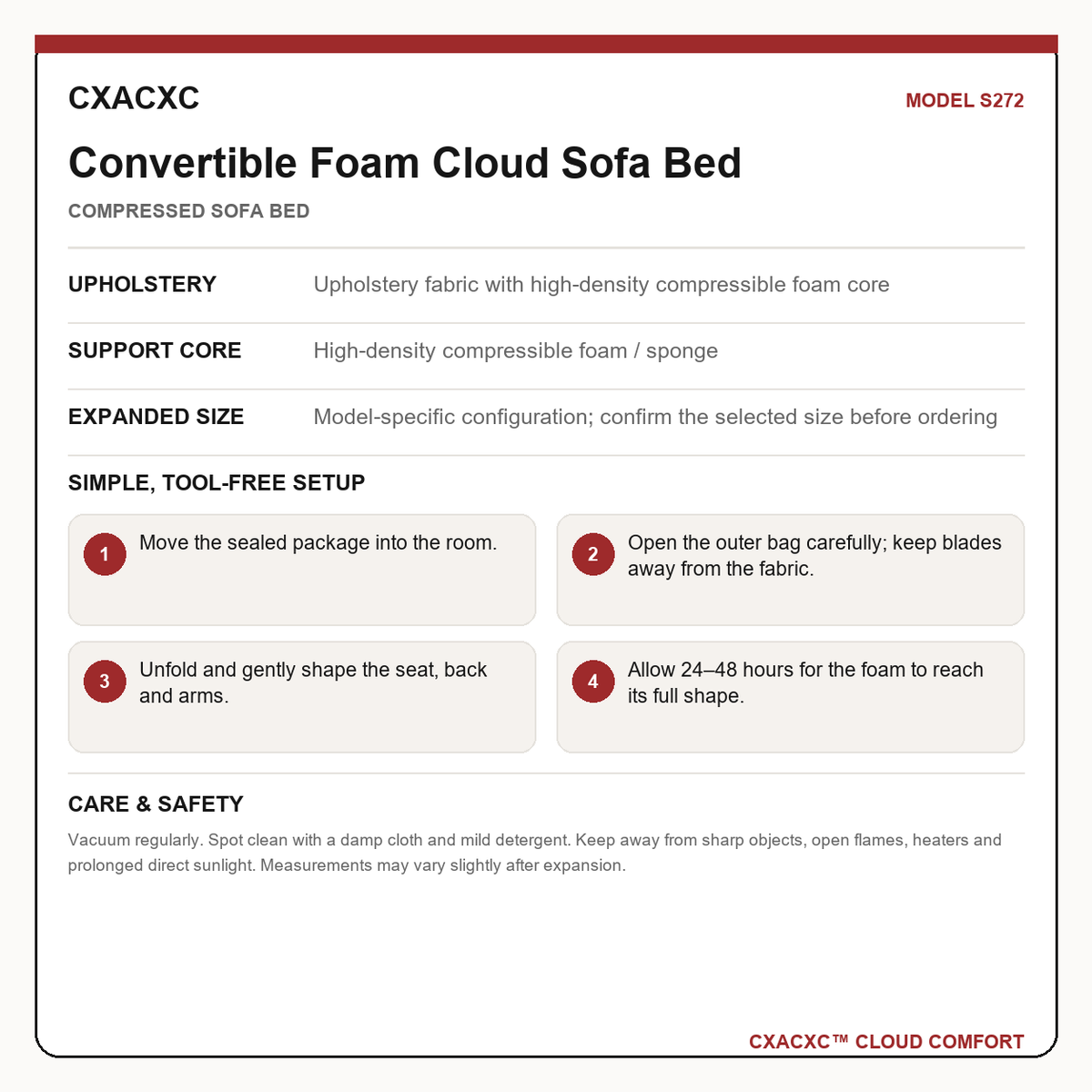 CXACXC S272 materials dimensions setup and care guide