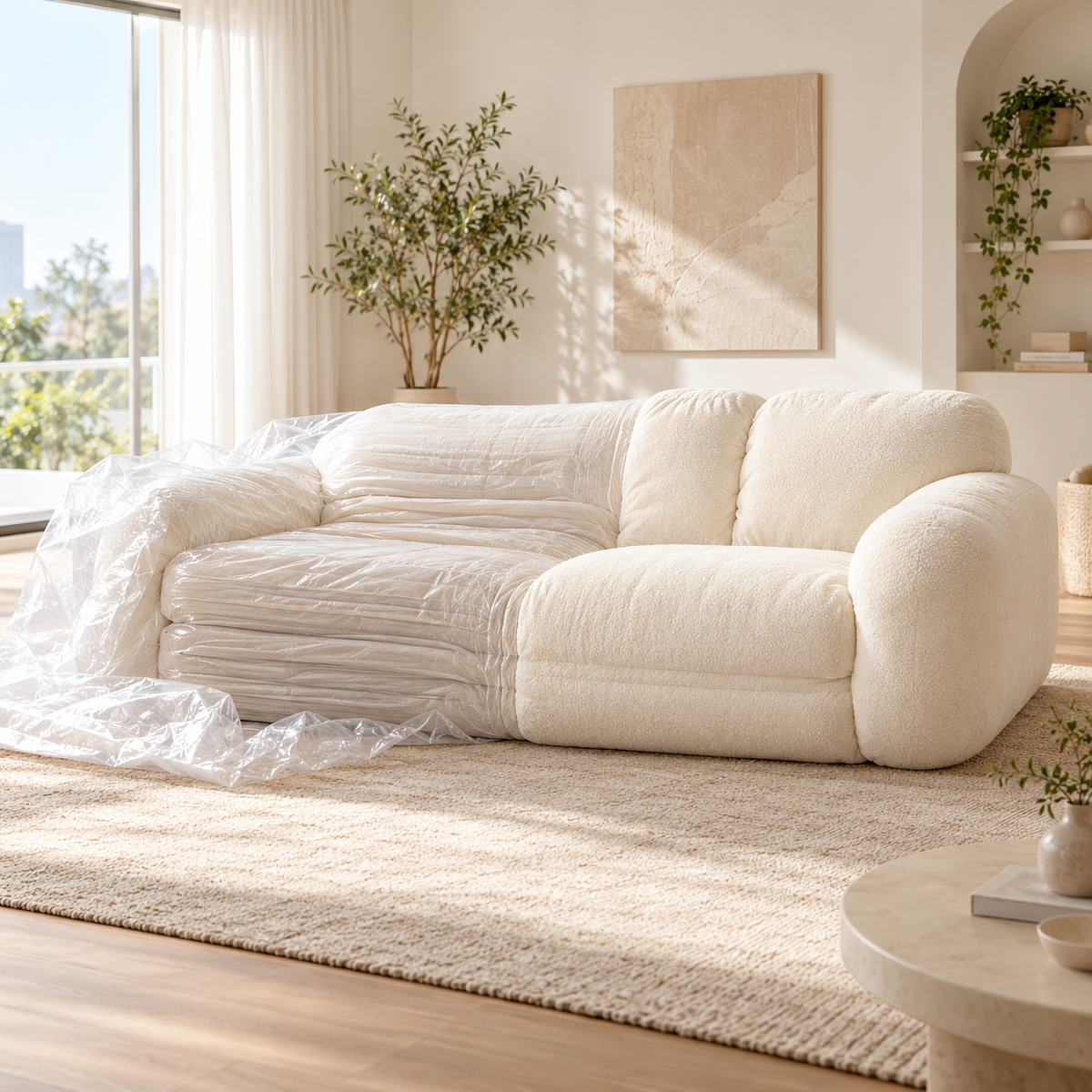 Compressed sofa expanding after unboxing with no tools required