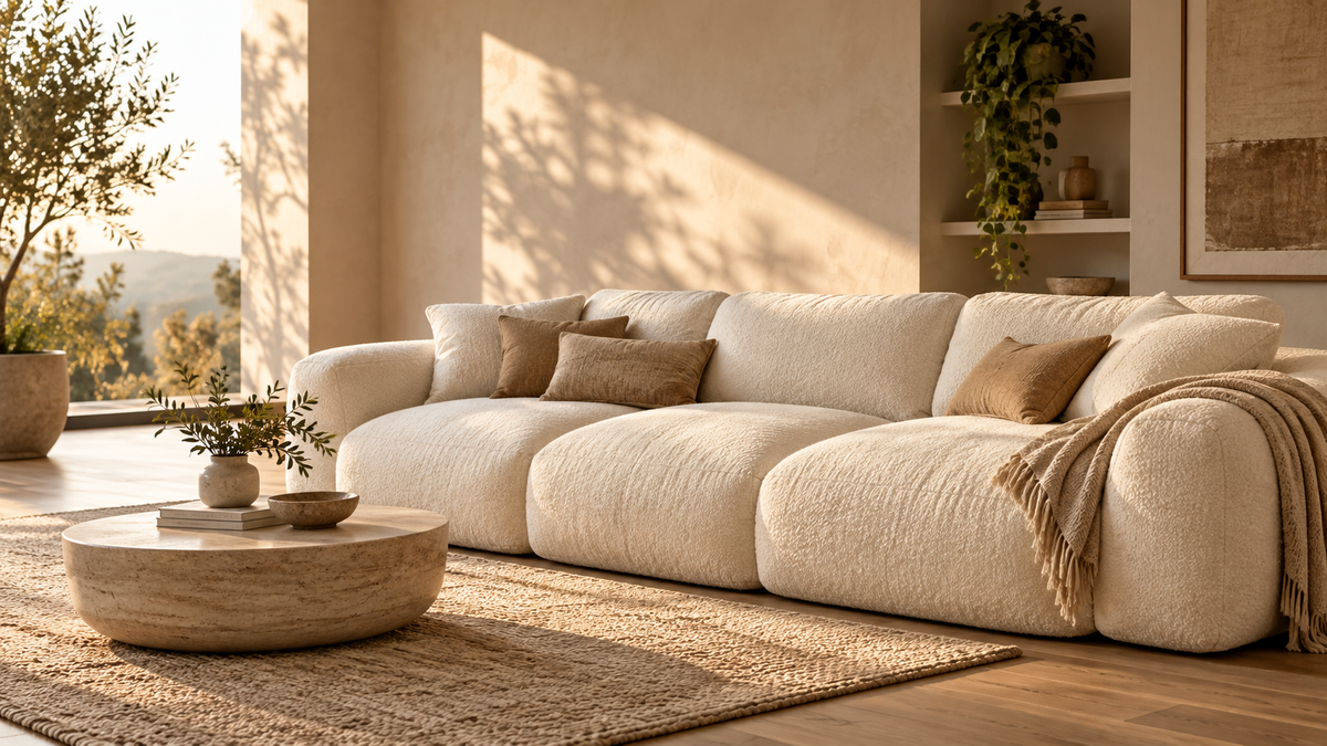 Premium frameless compressed sofa in a warm modern living room