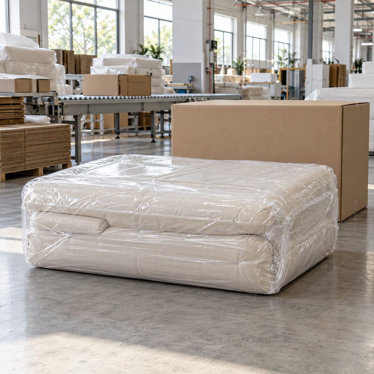Vacuum-compressed frameless sofa prepared for efficient shipping