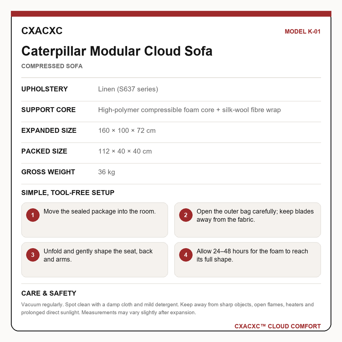 CXACXC K-01 materials dimensions setup and care guide