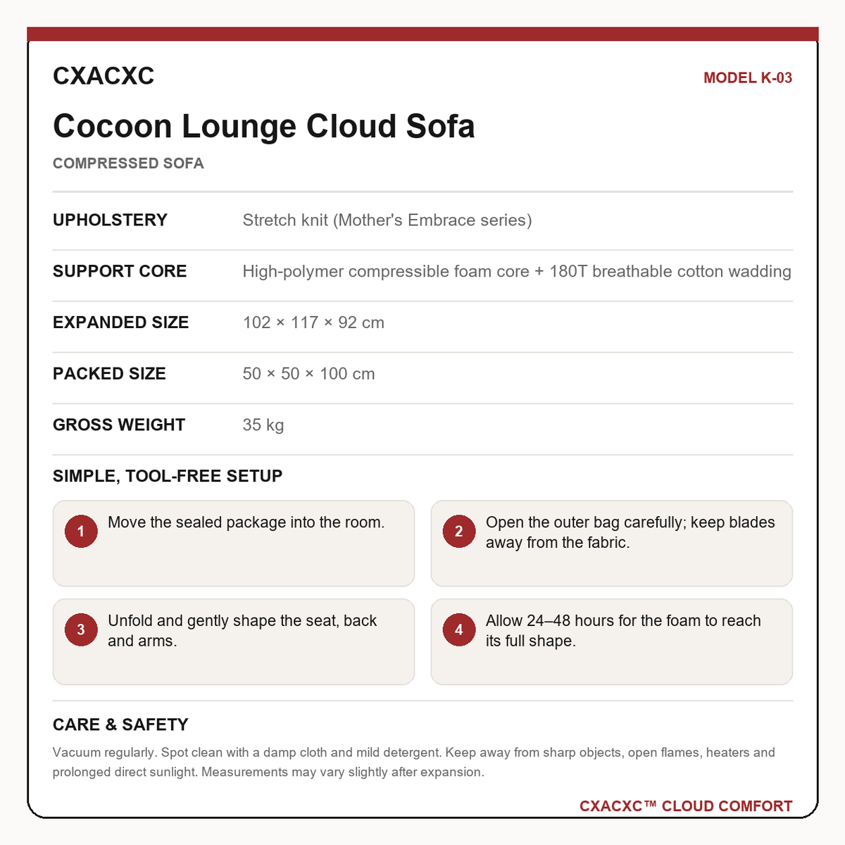CXACXC K-03 materials dimensions setup and care guide