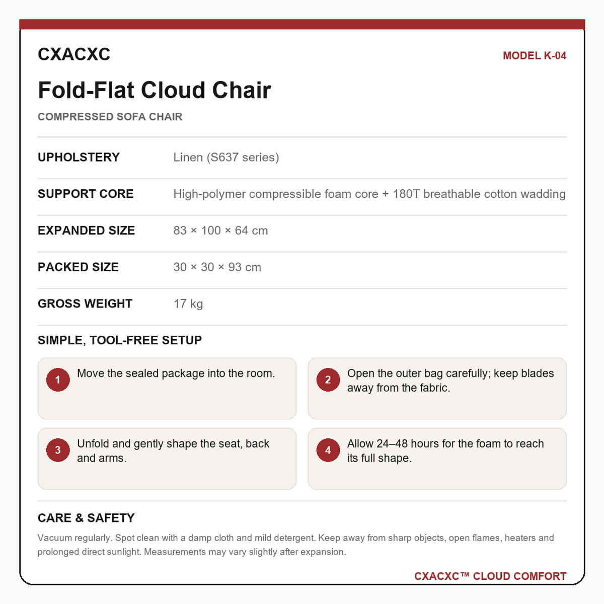 CXACXC K-04 materials dimensions setup and care guide