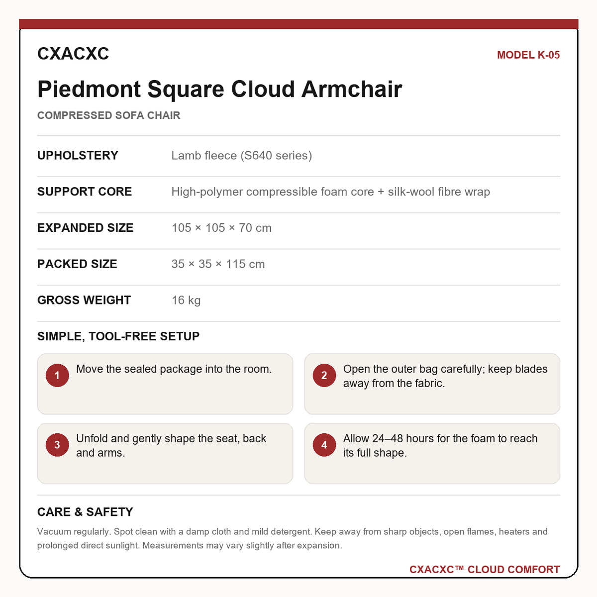CXACXC K-05 materials dimensions setup and care guide