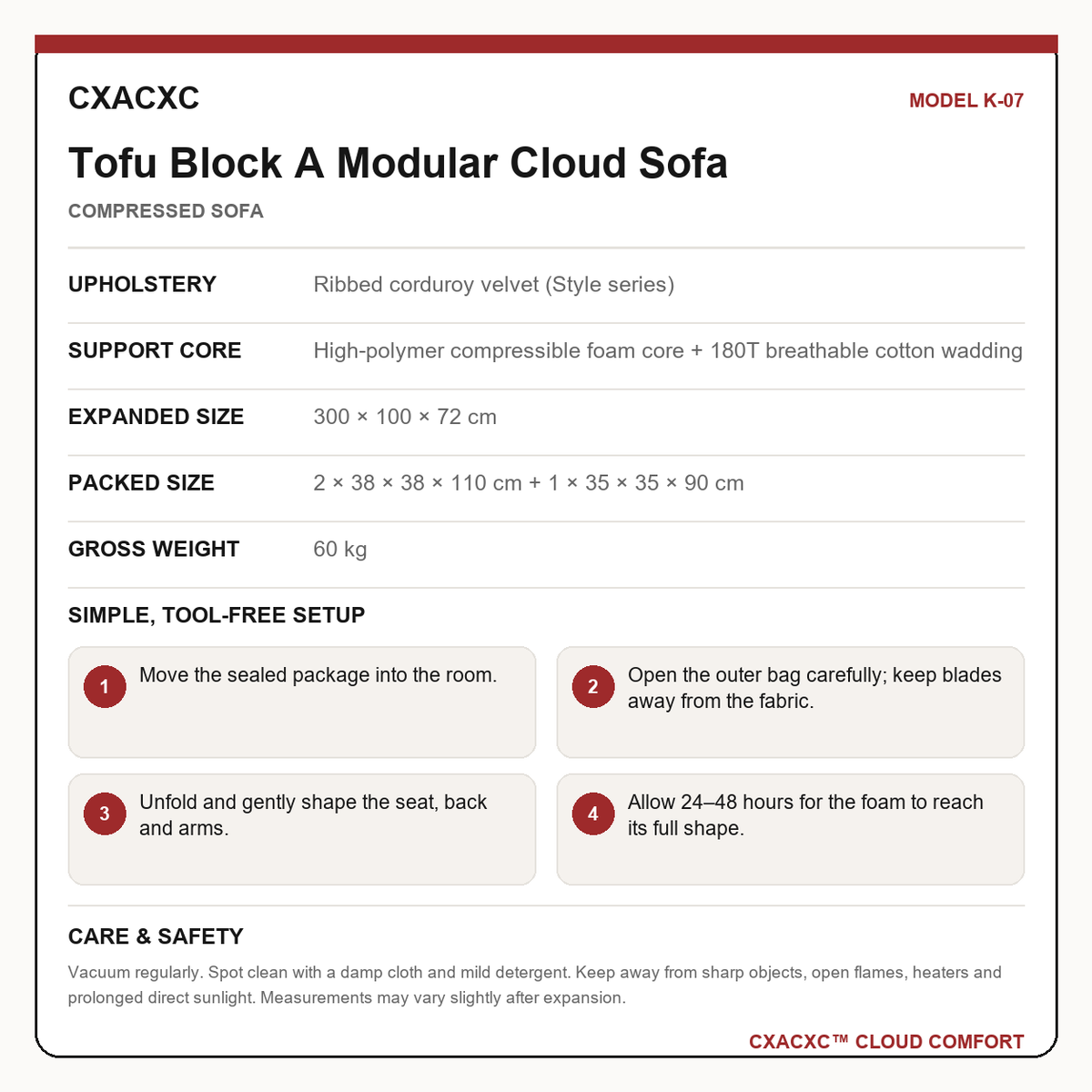 CXACXC K-07 materials dimensions setup and care guide