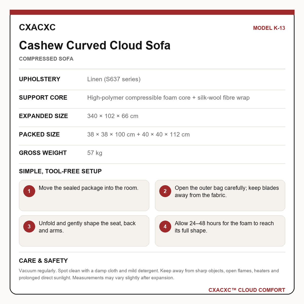 CXACXC K-13 materials dimensions setup and care guide