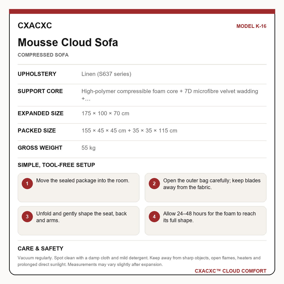 CXACXC K-16 materials dimensions setup and care guide