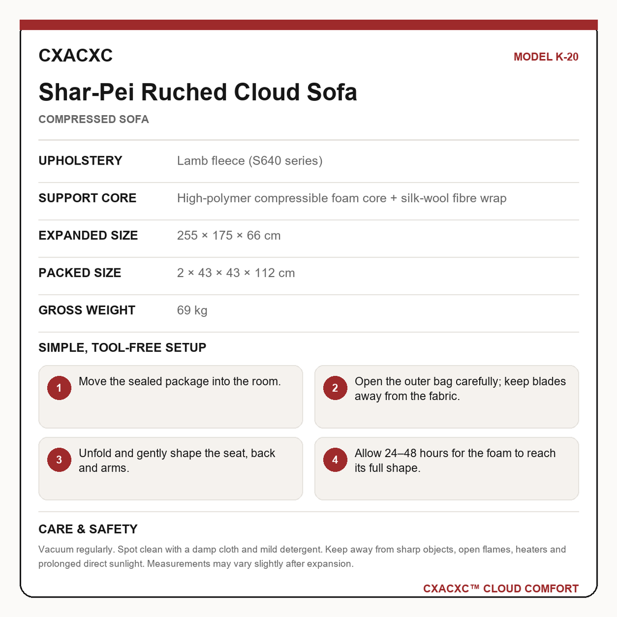 CXACXC K-20 materials dimensions setup and care guide