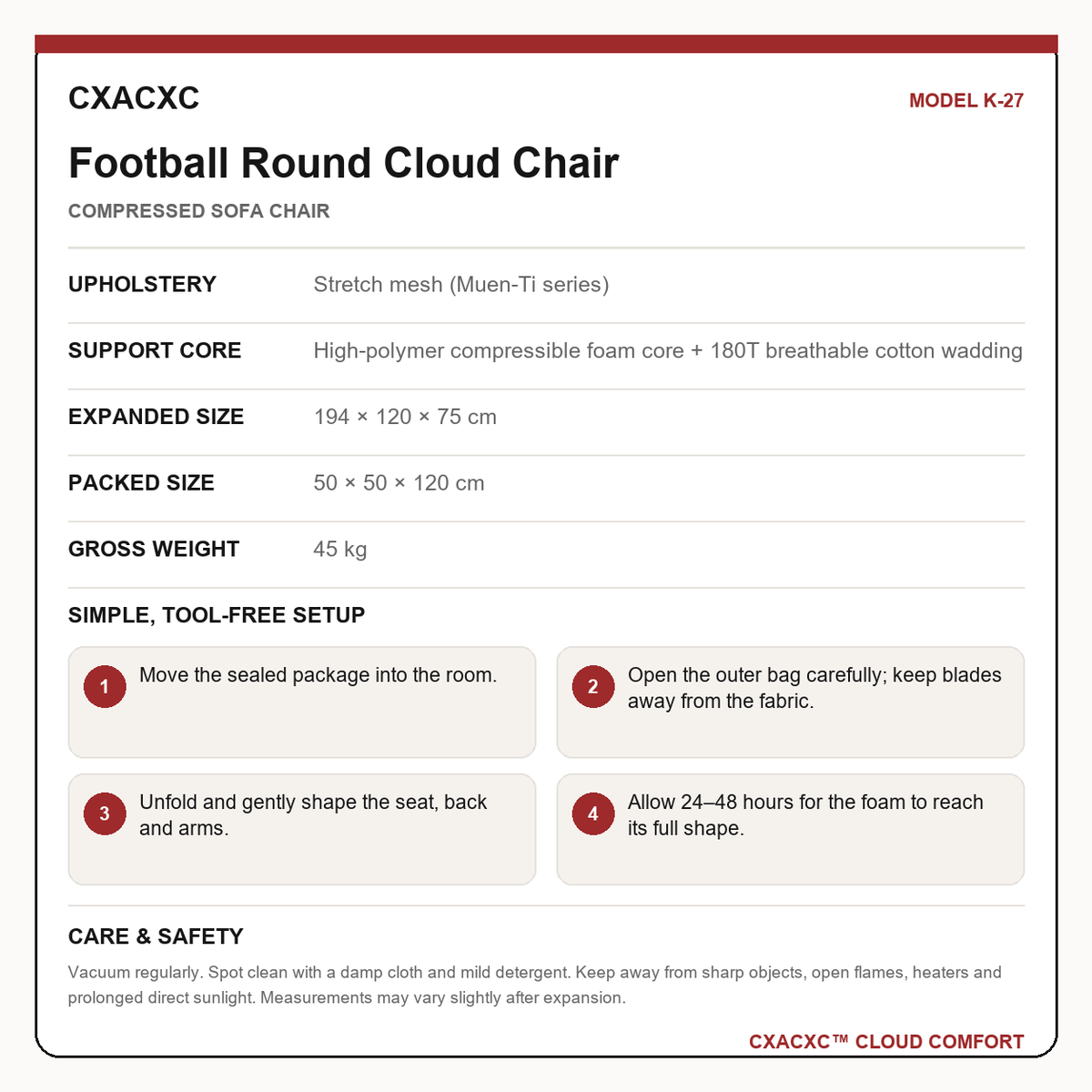 CXACXC K-27 materials dimensions setup and care guide