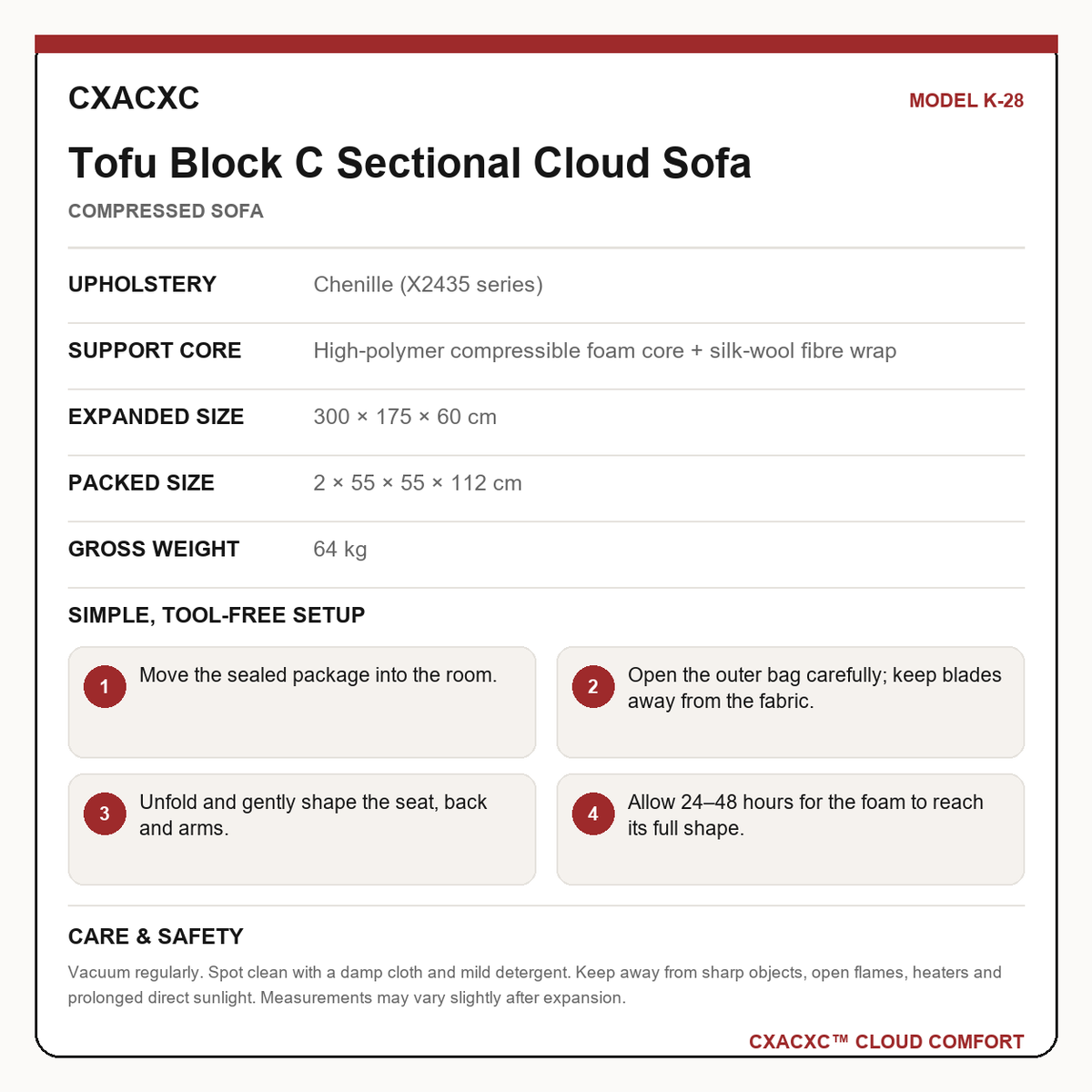 CXACXC K-28 materials dimensions setup and care guide