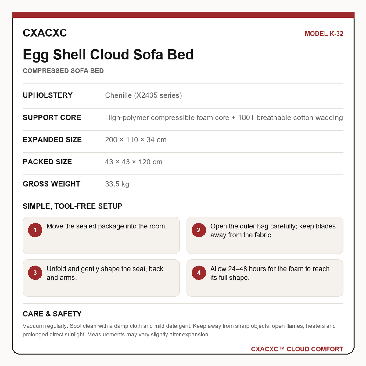 CXACXC K-32 materials dimensions setup and care guide