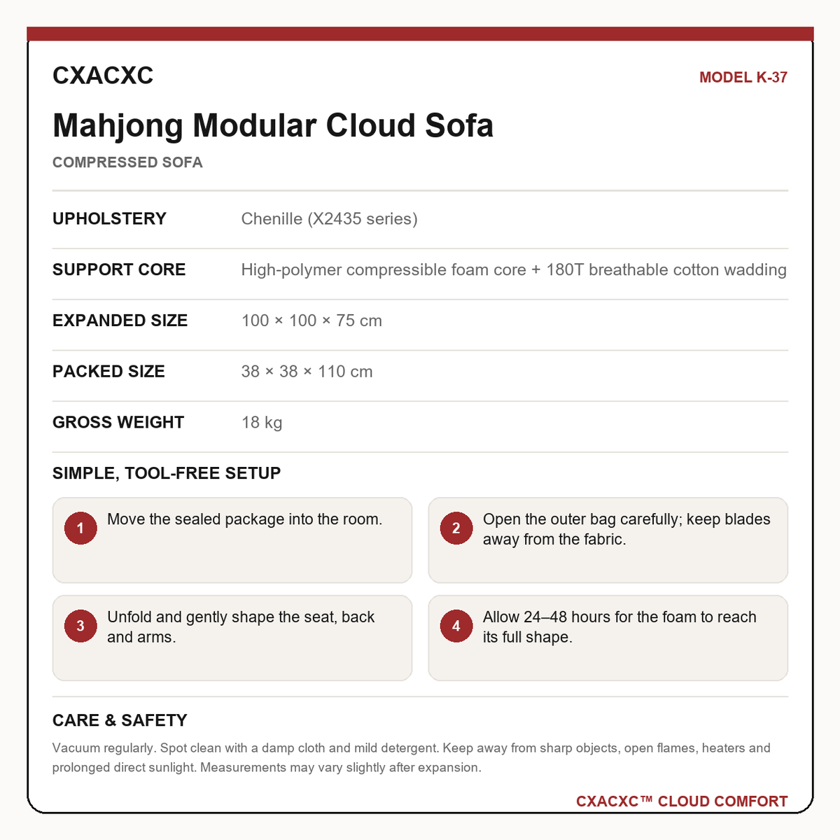 CXACXC K-37 materials dimensions setup and care guide