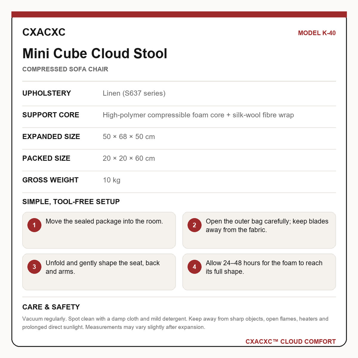 CXACXC K-40 materials dimensions setup and care guide