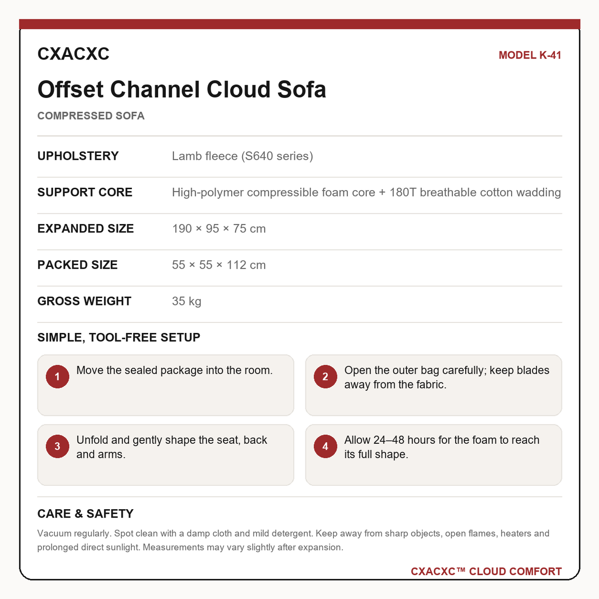 CXACXC K-41 materials dimensions setup and care guide