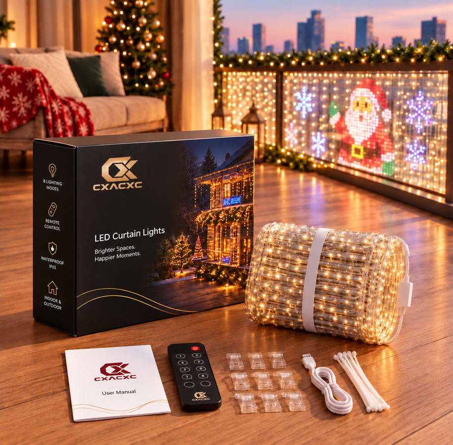 CXACXC branded LED curtain lights, controller and accessories