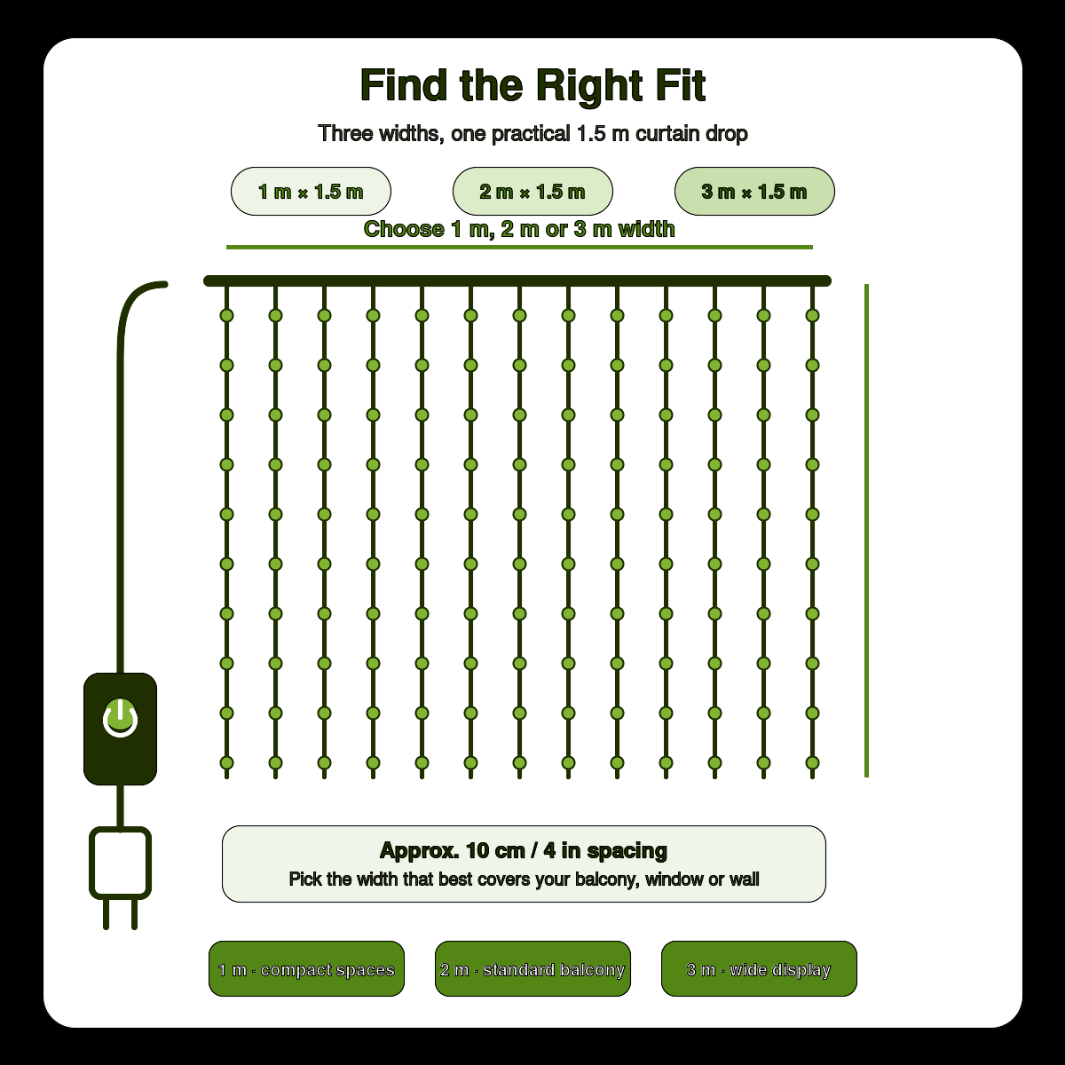 Size guide: 1 m, 2 m or 3 m widths, each with a 1.5 m drop