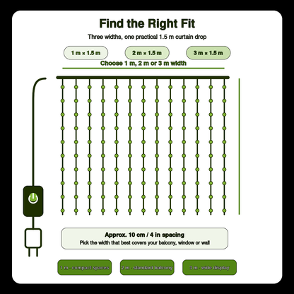 Size guide: 1 m, 2 m or 3 m widths, each with a 1.5 m drop