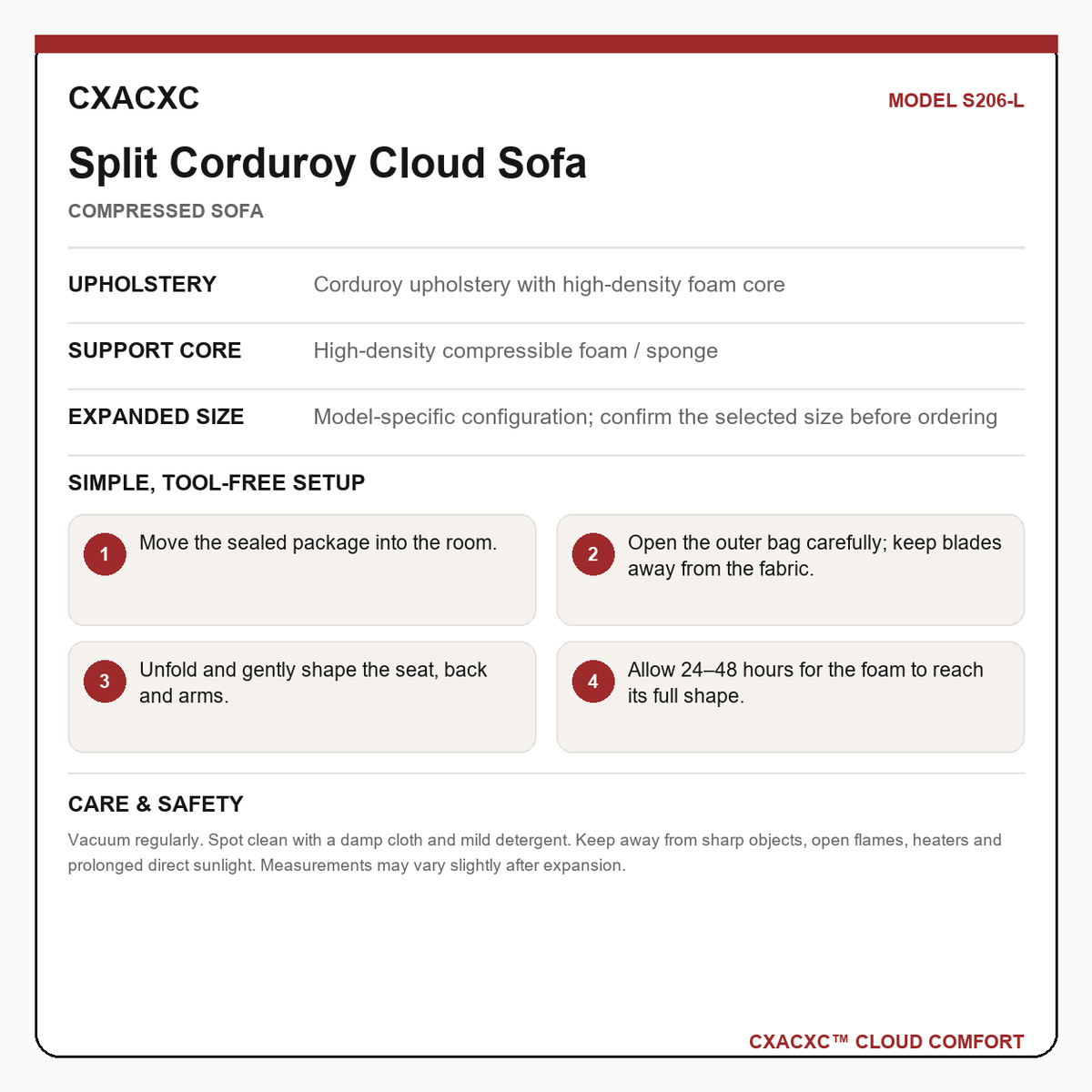 CXACXC S206-L materials dimensions setup and care guide