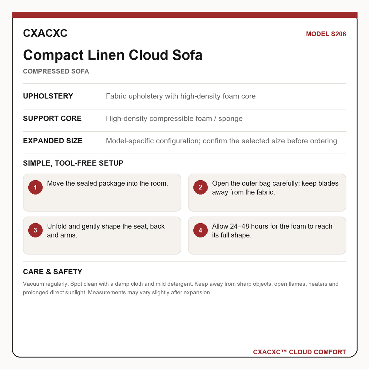 CXACXC S206 materials dimensions setup and care guide