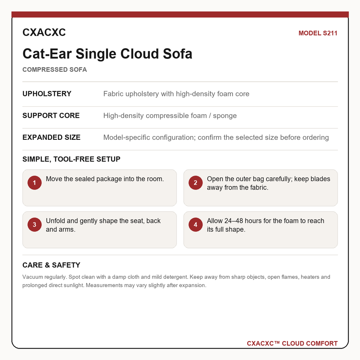 CXACXC S211 materials dimensions setup and care guide