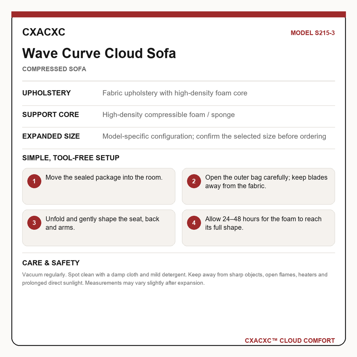 CXACXC S215-3 materials dimensions setup and care guide