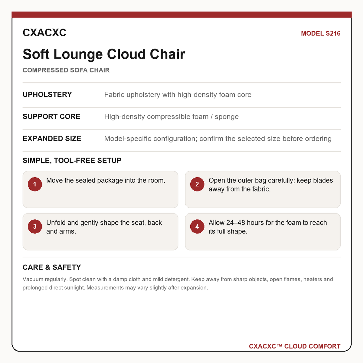CXACXC S216 materials dimensions setup and care guide