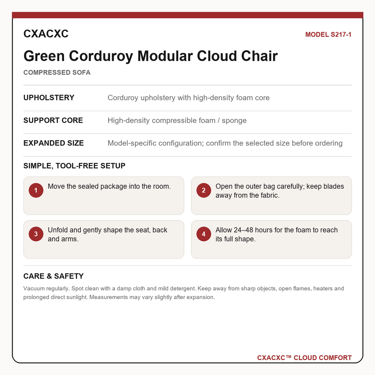 CXACXC S217-1 materials dimensions setup and care guide