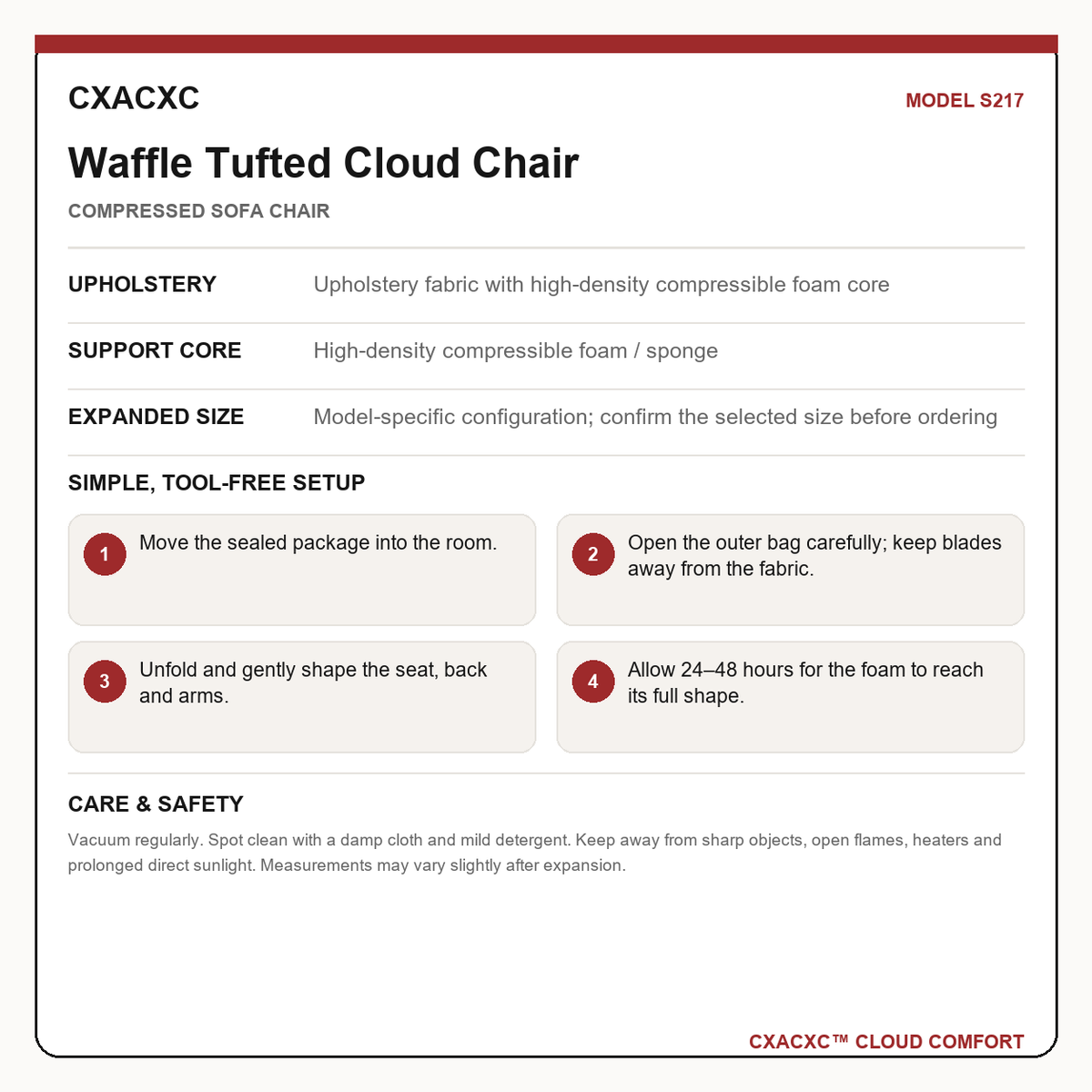 CXACXC S217 materials dimensions setup and care guide