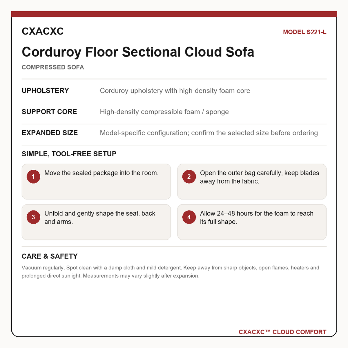 CXACXC S221-L materials dimensions setup and care guide