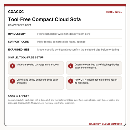 CXACXC S225-L materials dimensions setup and care guide
