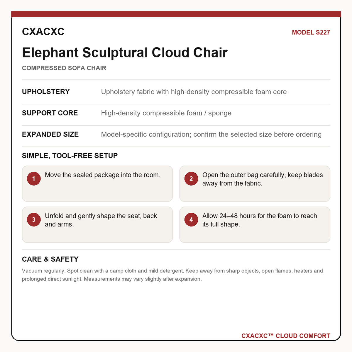 CXACXC S227 materials dimensions setup and care guide