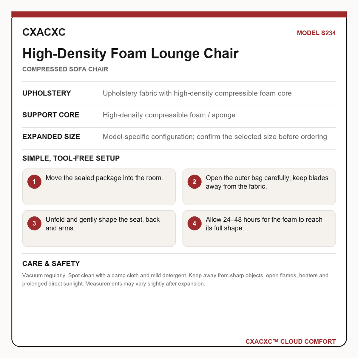 CXACXC S234 materials dimensions setup and care guide