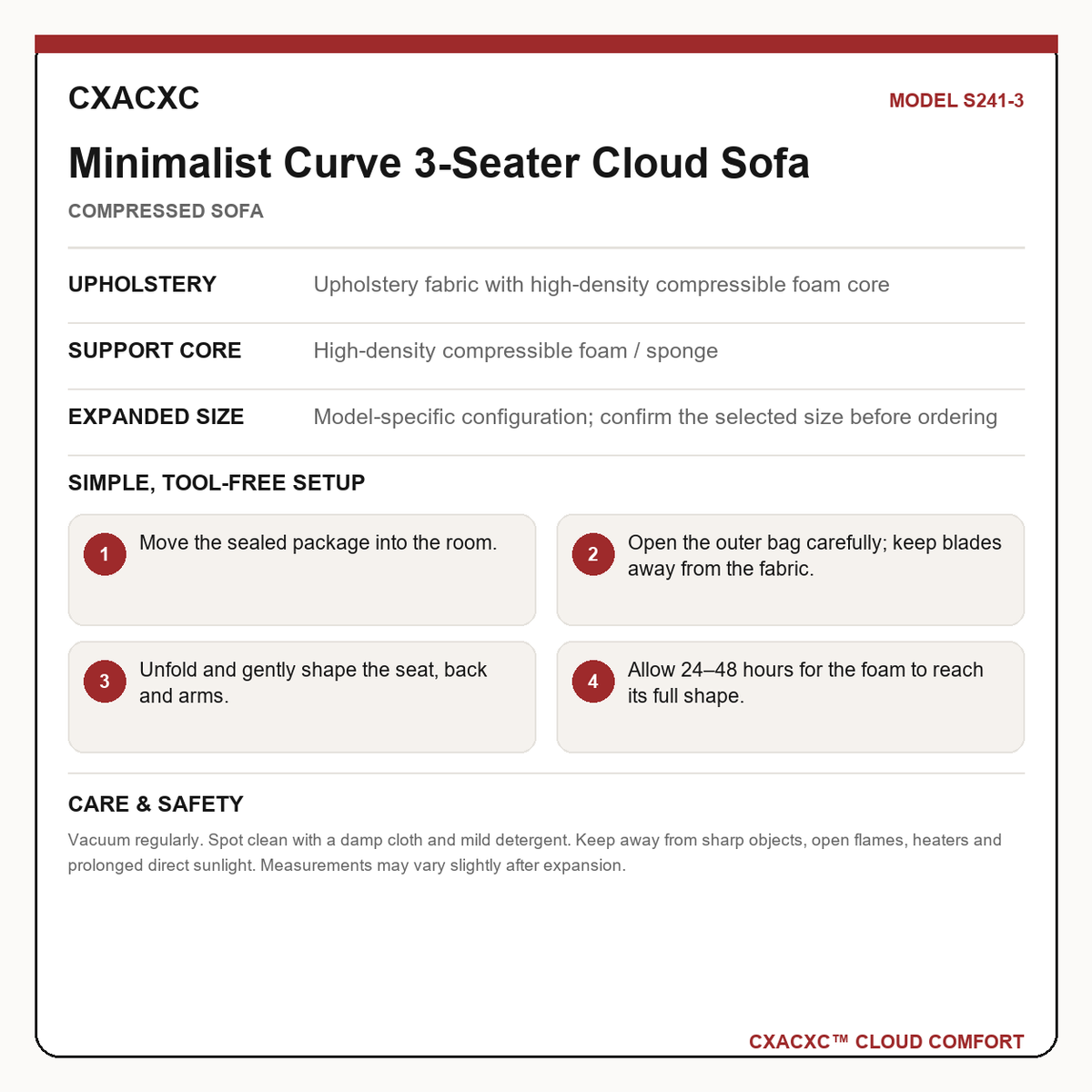 CXACXC S241-3 materials dimensions setup and care guide