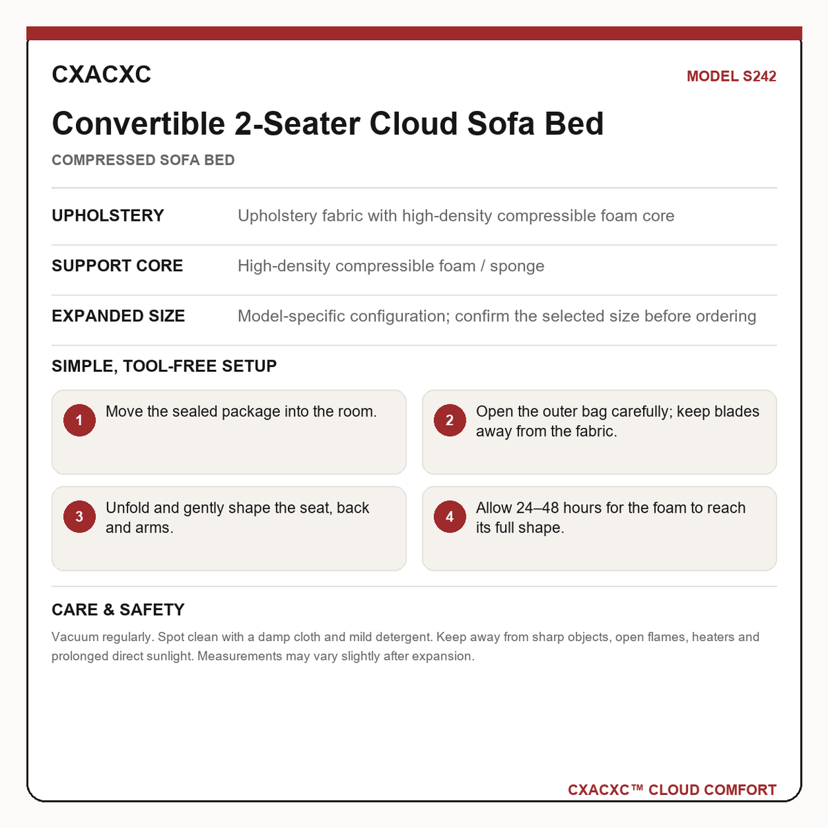 CXACXC S242 materials dimensions setup and care guide