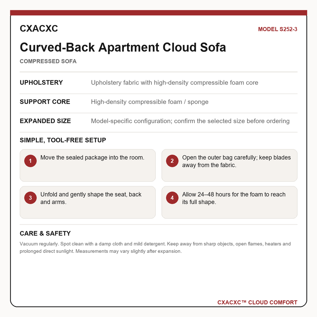 CXACXC S252-3 materials dimensions setup and care guide