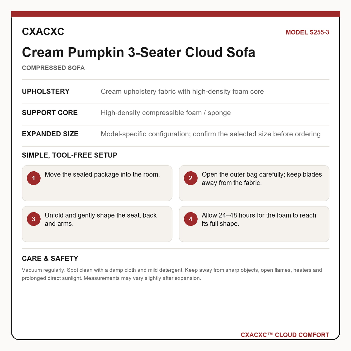 CXACXC S255-3 materials dimensions setup and care guide