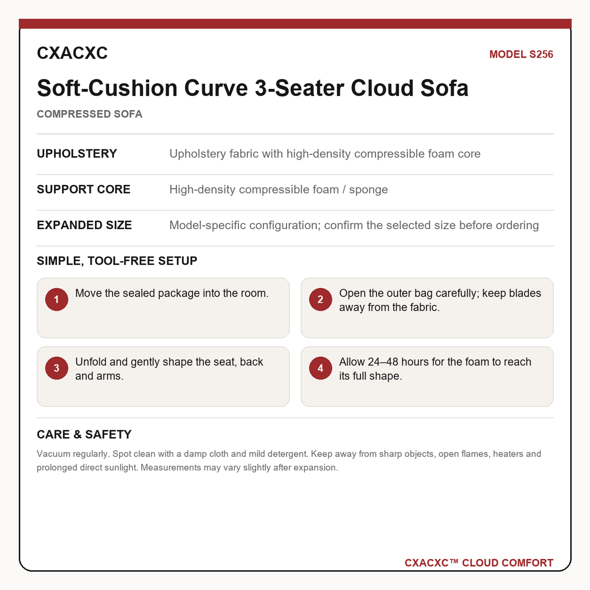 CXACXC S256 materials dimensions setup and care guide