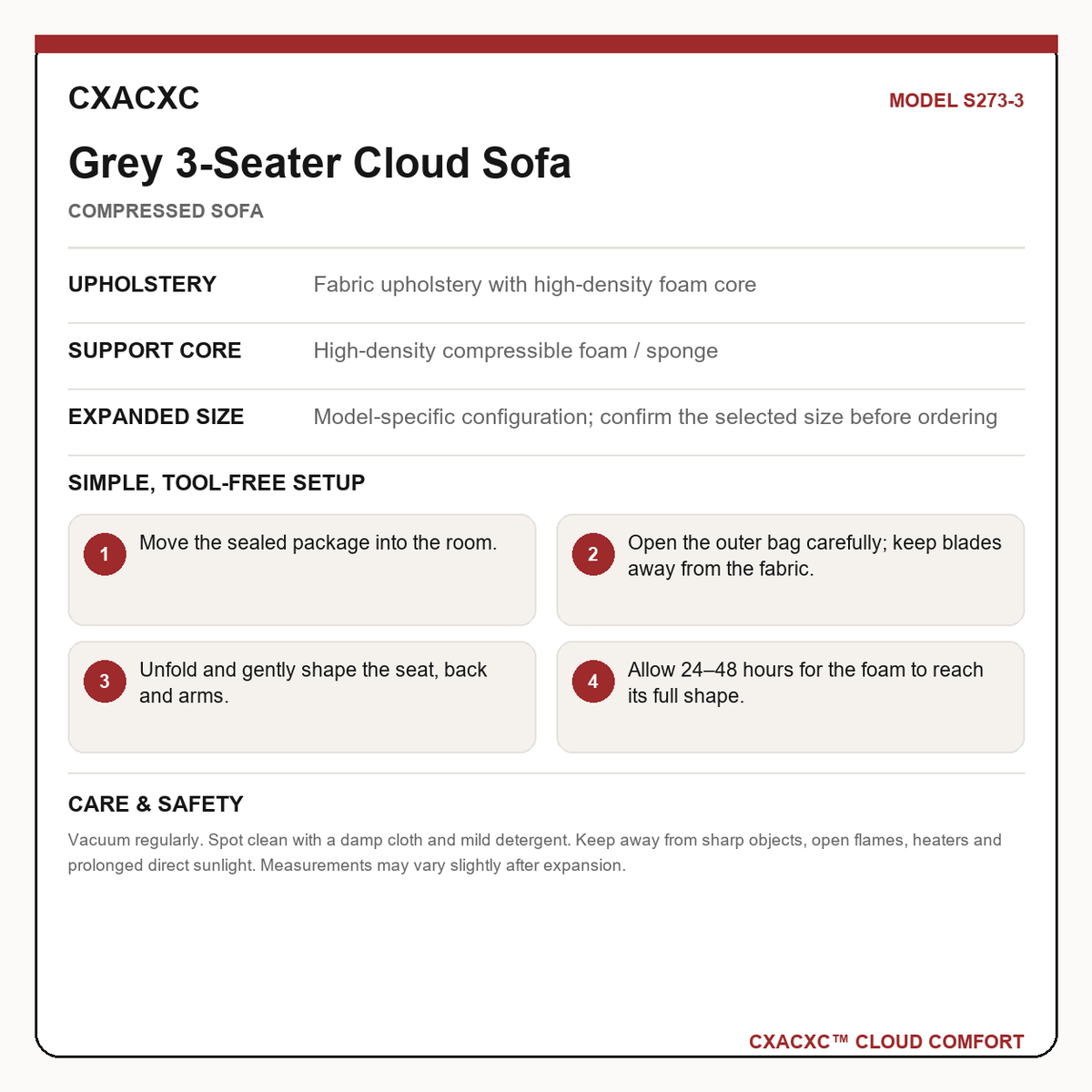 CXACXC S273-3 materials dimensions setup and care guide